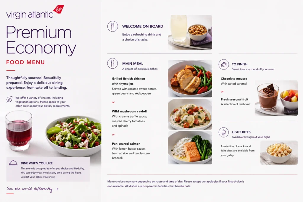 Virgin Atlantic Premium Economy Food Menu